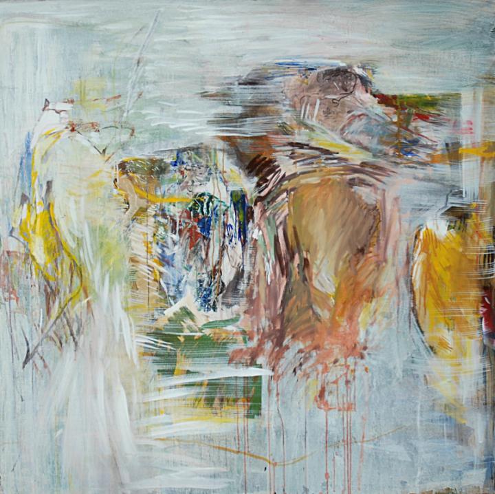 Spiegelporträt mit Hund, 150x150 cm, 1996